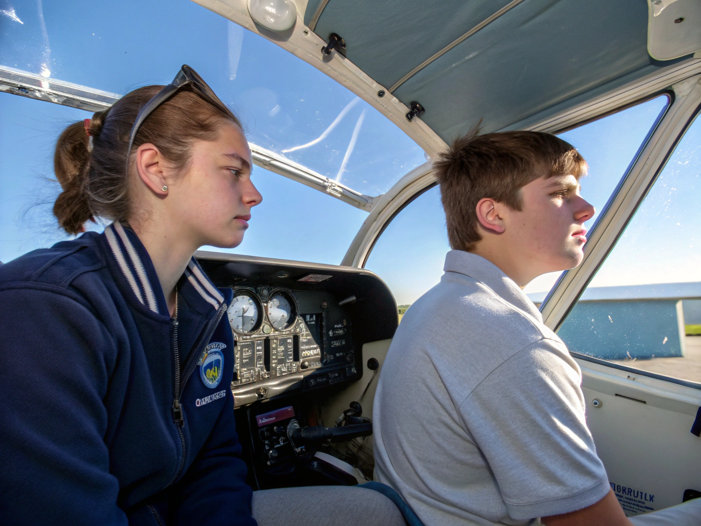 Student pilot with instructor in Cessna training aircraft cockpit